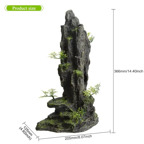 AnRui Aquarium Decorations Large and Tall Mountain View Stone Betta Hideout Fish Tank Accessories Decor Cute Tree Rock Cave Landscape for Turtles, Fish to Play, 14.4inch - size: 8.07" x 4.92" x 14.4"