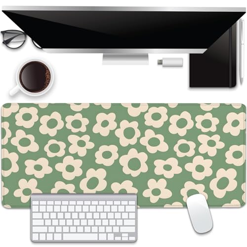 Green Daisy Flowers Desk Pad Mouse Pad,Large Daisies Floral Mouse Mat with Stitched Edges,Non-Slip Rubber Base Mousepad for Office PC Keyboard Laptop and Home Work Desk Mat(27.5X11.8 in) - color: Green Daisy