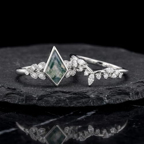 Natural Moss Agate Engagement Ring Set for Women, Unique Genuine Moss Agate Ring, 925 Sterling Silver 10K 14K 18K Solid Gold Nature Inspired Bridal Set, Boho Wedding Jewelry Gift - color: Four
