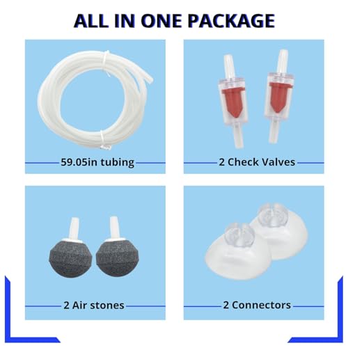 Mini Air Pump for Aquarium - Ultra Quiet 3W 108GPH Dual-Outlet Bubbler with Air Stones, Tubing, Check Valves & Suction Cups - Ideal for Fish Tanks up to 50 Gallons and Bait Tanks
