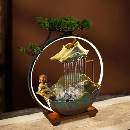 Buddha Water Fountain Indoor, Zen Monk Tabletop Water Fountain with Mist, LED Light and Backflow Incense Holder, for Home Decor, Office Decor, Yoga Meditation - size: F