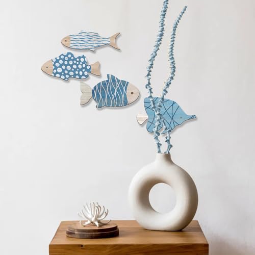 Aikgidtt 4 Pieces Wooden Fish Wall Decor Set, 12 Inch Coastal Wall Art for Bathroom, Beach House, Family Rooms - with Hooks & Adhesive Pads (Blue)