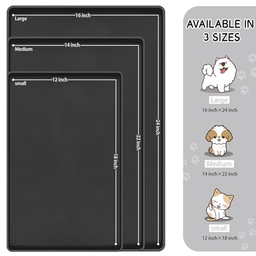 MateeyLife Silicone Cat & Dog Food Mat for Floors Waterproof, Anti-Slip Dog Bowl Mats for Food and Water, Pet Feeding Mats with Lip to Prevent Spills, Pet Placemat for Messy Drinkers to Protect Floors - color: Black, size: 22''×14''