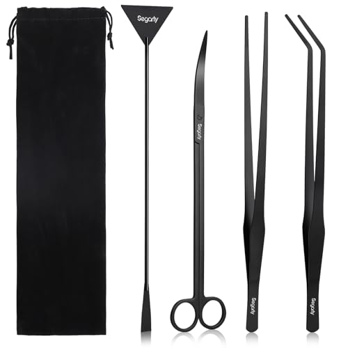 Segarty Longer Aquarium Aquascaping Tools, 4 in 1 Stainless Steel Black Aquarium Tools Kit for Aquatic Plant Fish Tank, Long Scraper Spatula Feeding Tweezers Curved Scissors Anti Rust Aquascape Set