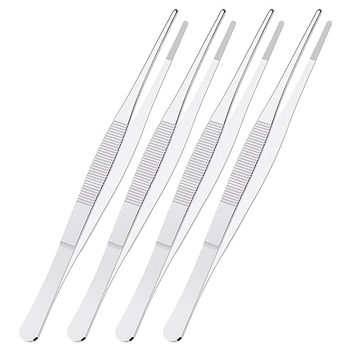 4 PCS 5 Inch Stainless Steel Tweezers, with Straight Round Blunt Serrated Tip, 3/64 Inch Thickness Stainless Steel, Multipurpose Daily Garden Home Lab Craft Repairing Tool - size: 5"L(3/64"T)