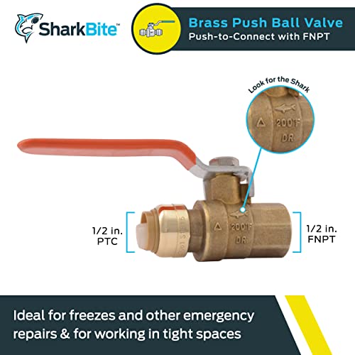 SharkBite 1/2 x 1/2 Inch Ball Valve with FNPT Connector, Push to Connect Brass Plumbing Fitting, PEX Pipe, Copper, CPVC, PE-RT, HDPE, 22182-0000LF