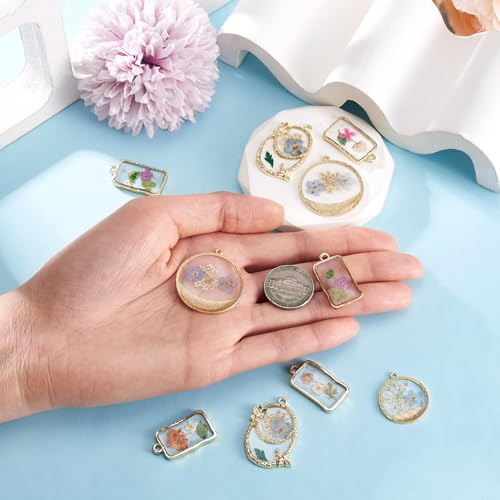 Transparent Flower Resin Charms Round Gold Edge Dried Floral Pendants Flat Round Clear Gold Foil Floral Charms for Necklace Bookmark Keychain Jewelry Making - color: Flower-9