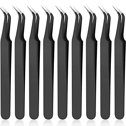Honoson 9 Pieces Curved Pointed Craft Tweezers Stainless Steel Precision Tweezer with Protective Cover for Rhinestones Dried Flowers Craft Stickers Eyelash Extension Jewelry Making(Black) - color: Black