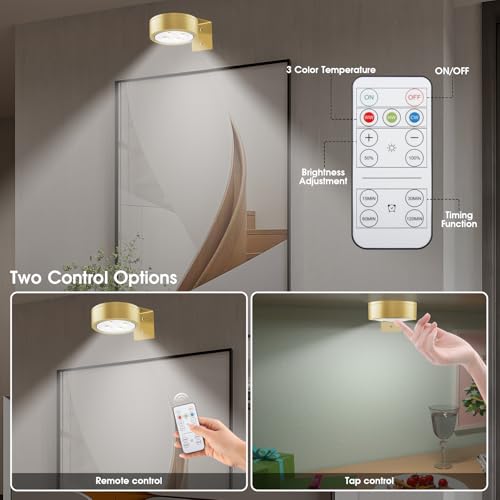 Picture Lights for Wall, 3 Lighting Modes Magnetic Art Display Light,Rechargeable Battery Operated Led Painting Light with Remote Control Dimmable & Timer,3Pack Gold - color: Gold, size: 3 Pack