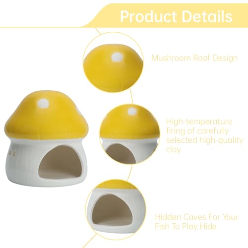 AnRui Ceramic Mushroom Aquarium Decor Cute Mini House Betta Fish Tank Accessories Decoration Hideaway Hideout Cave Ornament for Small Fish, Shrimp, Goldfish and Reptiles (Yellow, Large) - color: Yellow, size: Large