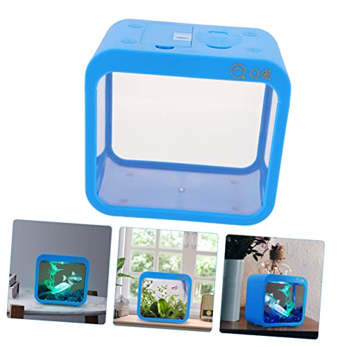 Mini Fish Tank with Light - Transparent Small Aquarium Betta Fish Bowl with 5 Color Changing Led Lights for Desktop Home Office Decor Easy to Clean and Detachable - color: Blue