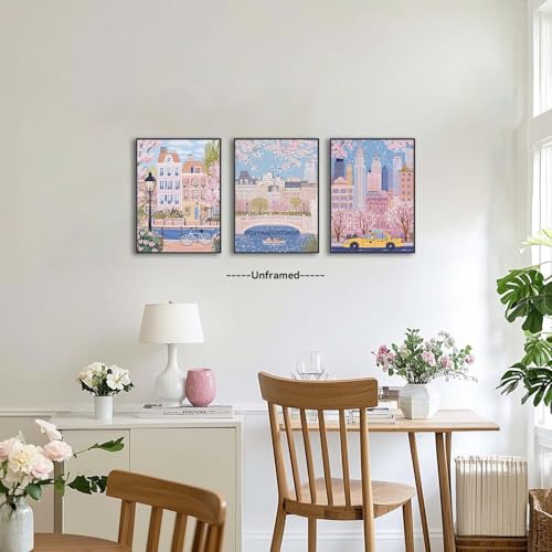 XLARTMY Watercolor City Landscape Travel Wall Art Canvas Framed Pink Cherry Flower Poster Girly Prints Painting Pictures Set of 3 for Bedroom Living Room Office 12x16in Unframed - color: Watercolor City PB, size: 12x16in Poster