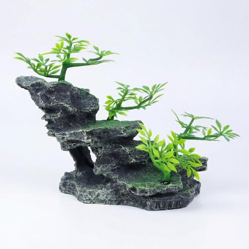 Aquarium Ornament Resin Mountain Fish Tank Decorations with Artificial Plants – Fish Tank Decor Rock Hideout for Betta, Snails, Turtle, Shrimp, Ideal for Aquascaping & Landscaping