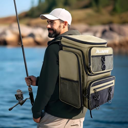 PLUSINNO Fishing Tackle Backpack with Rod Holders，42L Water-resistant Fishing Bag Store Fishing Gear,Fishing Gifts For Men. - color: Khaki