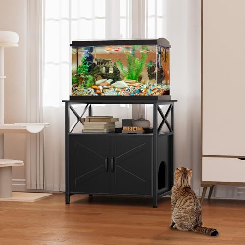 GDLF 20-29 Gallon Cat Fish Tank Stand with Cat Litter Box Enclosure Furniture, Aquarium Terrarium Stand with Shelf Storage,30.7" Lx 17.32" W Tabletop, 330 lbs Capacity, Black - size: 20-29 gallon