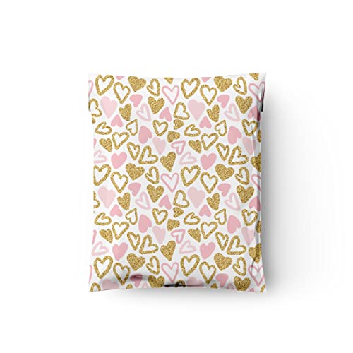 12x15 (50) Pink and Gold Hearts Valentine's Day Designer Poly Mailers Waterproof Self Sealing Tear Resistant Polymailers Large Shipping Envelopes Premium Printed Bags For Small Businesses - color: Pink and Gold Hearts, size: 12x15