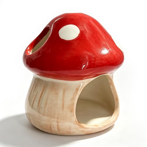 Betta Fish Tank Accessories, 4.33'' × 4.33'' Ceramic Mushroom House Aquarium Decor - Cute Red Hideout Cave Ornament for Small Fish, Shrimp, Goldfish, Hamsters & Reptiles (Red) - color: Red