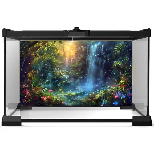 Fantasy Forest Landscape Aquarium Background Waterfall Jungle Rainforest Fish Tank Background Tropical Flowers Plants Reptile Tank Backgrounds Colourful Flower Mushroom Enclosure Backgrounds 24x12in - color: Blue Green, size: 24(W)x12(H)inches/ 60(W)*30cm