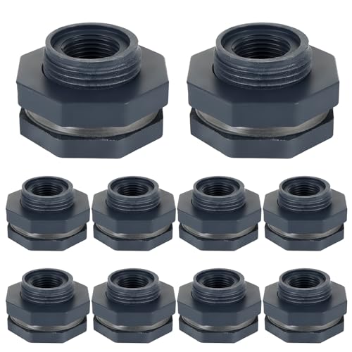 10PCS Bulkhead Fitting 1/2 inch Double Threaded Bulkhead Water Tank Connector PVC Bulkheads Fitting Threaded Thru-Bulk Pipe Fittings for Rain Barrels, Aquariums, Ponds, Water Tanks