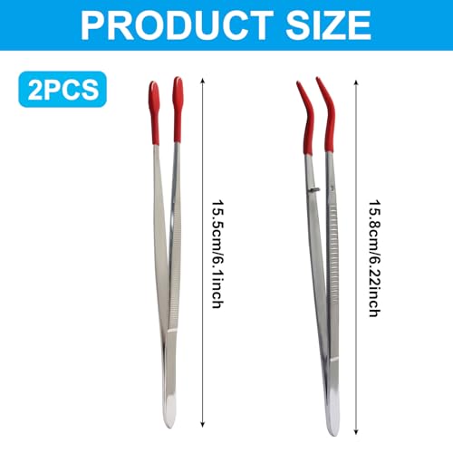 2PCS Rubber Tipped Tweezers,PVC Coated Precision Tweezers Hobby Craft Tweezers Set,Long Bent and Straight Flat Tip Tweezers for Crafts Stamps Coin Beads Jewelry Industrial Electronic Lab(Red)