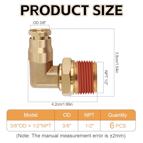 6PCS DOT Quick Push to Connect Brass Air Brake Fitting, Kalolary Brass 90 Degree Elbow DOT Line Fittings 3/8"OD×1/2"NPT Thread Air Brake Line Fittings Air Suspension Kit Air Hose Repair Kit - size: 90° Elbow 3/8"OD ×1/2"NPT