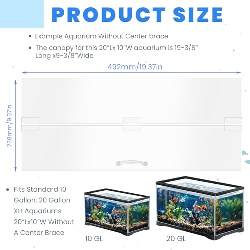 Sieral Aquarium Polycarbonate Canopy Set 19.37 x 9.37 x 0.12 Inch for 10/20 Gallon Without Center Brace Aquariums Cover Fish Tank Lid with a Hook Knife, Clear - color: Clear, size: 20 x 10 Inch
