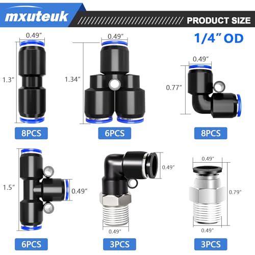 mxuteuk 1/4" OD Push to Connect Fittings,1/4" OD Air Line Fittings,Quick Connect Air Hose Fittings for 1/4" Tube (34PCS) - style: 1/4"OD Kits-B
