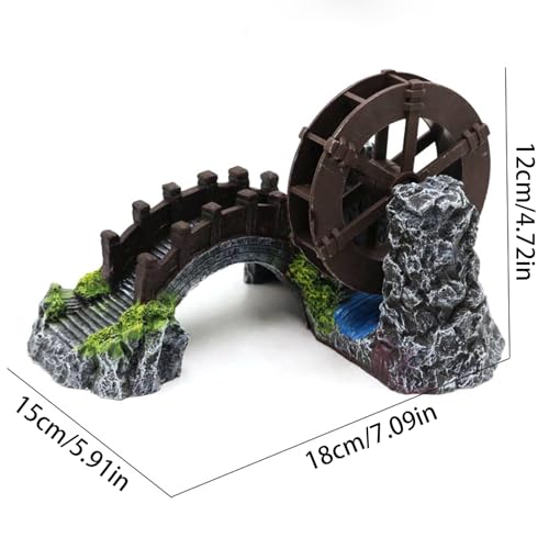 Aquarium Ornament - Water Wheel Bridge Statue, Chinese Potted Plant Simulation Decoration, Fish Tank Accessory, Sturdy Resin Material for Freshwater and Saltwater Tanks 7.09x5.91x4.72 Inches