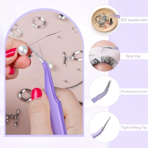 Honoson 9 Pieces Curved Pointed Craft Tweezers Stainless Steel Precision Tweezer with Protective Cover for Rhinestones Dried Flowers Craft Stickers Eyelash Extension Jewelry Making(Purple) - color: Purple
