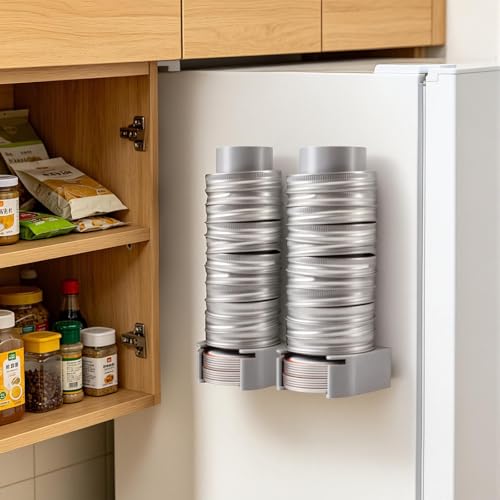 Mason Jar Lid Organizer Wall Mount with Sticky Hook, Canning Lids Holder Compatible with Regular and Wide Mouth, Hold 12 Lids and 12 Bands per Pack (Set of 2) - Grey
