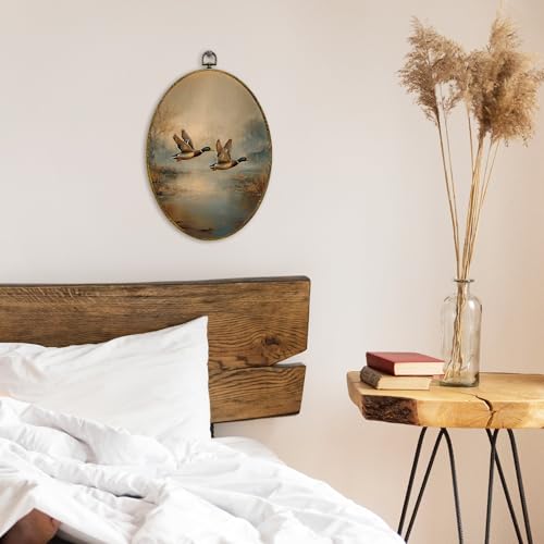 XFCICRLJ Vintage Fall Flying Mallard Duck Wall Art Decor, Rustic Farmhouse Oval Canvas Prints Framed, Cottagecore Farm Animals Landscape Wall Art Decorations for Home Bedroom Living Room Decor, 11x8.5 Inch - color: Duck03