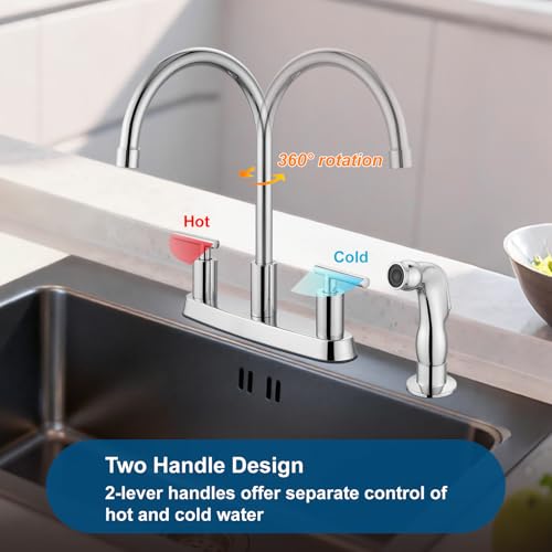 Kitchen Faucet, High Arc 360° Swivel Spout, 2-Handle 8 Inch Centerset Kitchen Sink Faucet with Side Sprayer, 3 or 4 Hole Kitchen Faucet for RV, Utility & Laundry Sink, Polish Chrome - color: Polish Chrome