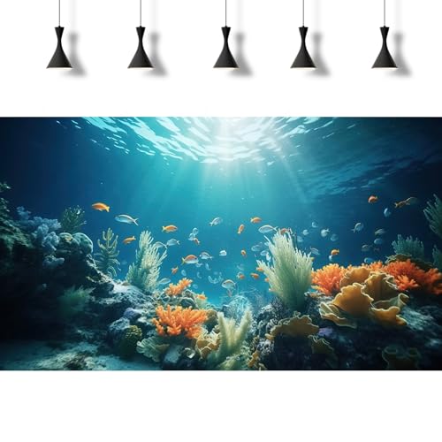 Under The Sea Fish Tank Background Deep Sea Coral Reef Aquarium Background Underwater Rock Aquatic Plants Sunray Terrarium Backgrounds Tropical Fish Ocean Floor Fish Tank Backgrounds Decors 30x12in - color: Orange Blue, size: 24(W)x12(H)inches/ 60(W)*30cm