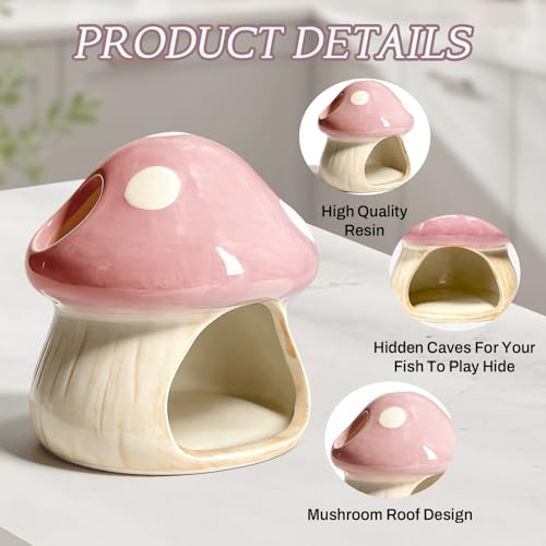 Betta Fish Tank Accessories, 4.33'' × 4.33'' Ceramic Mushroom House Aquarium Decor - Cute Pink Hideout Cave Ornament for Small Fish, Shrimp, Goldfish, Hamsters & Reptiles (Pink) - color: Pink
