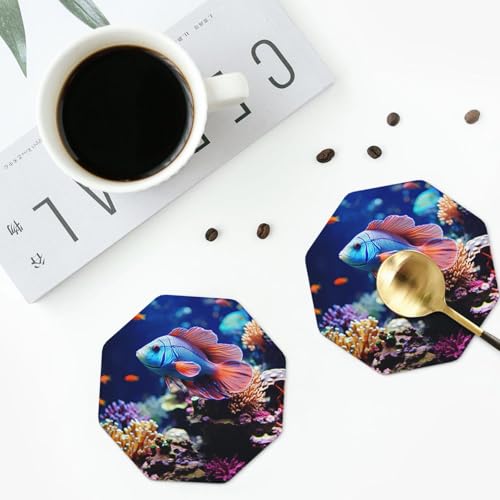 Drink Coasters Set of 4 Leather Coasters for Drinks Coral Reef Fish Aquarium Round Cup Mat Pad Easy Clean Bar Coasters Heat Resistant Funny Cup Coasters for Tabletop Protection,4 Inches - color: Octagon