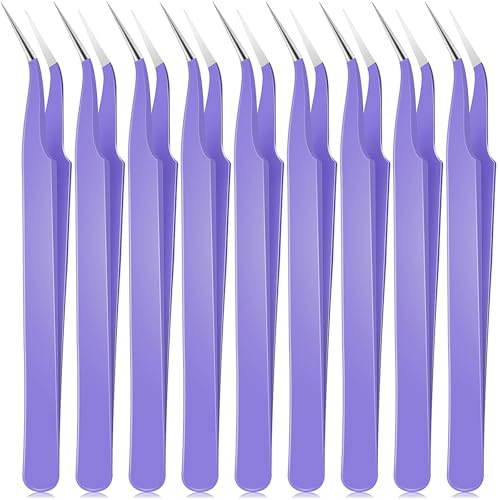 Honoson 9 Pieces Curved Pointed Craft Tweezers Stainless Steel Precision Tweezer with Protective Cover for Rhinestones Dried Flowers Craft Stickers Eyelash Extension Jewelry Making(Purple) - color: Purple