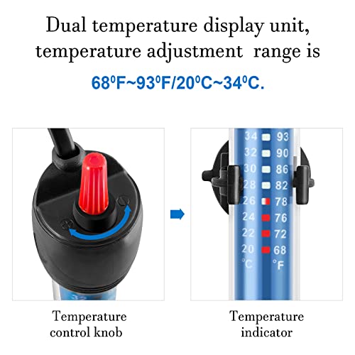 Hitop 25W/50W/100W/300W Adjustable Aquarium Heater, Submersible Glass Water Heater for 5 – 70 Gallon Fish Tank (50W)