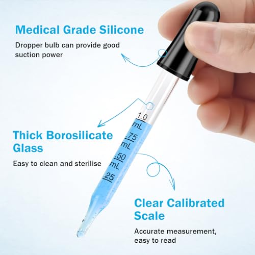 Herain Glass Eye Dropper Pipette 10 Pack, Ear Eye Dropper Bent & Straight Tips, 1 ml Droppers for Essential Oils, Lab, Crafts, Measuring and Transferring a Variety of Liquids - style: Small Rubber Bulb-10pcs-Straight Bent