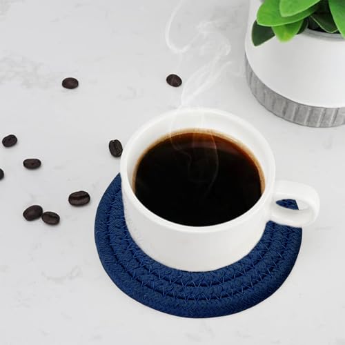 ABenkle Drink Coasters with Holder Set of 10, Cotton Woven Absorbent Coasters for Drinks, Minimalist Home Decor Coaster Set for Wooden Tabletop Protection Table, 4.3 inches - color: Navy Blue, size: 10 Pcs