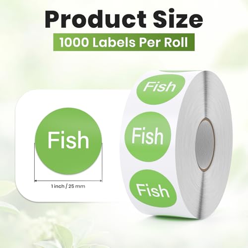 1000 Pcs Fish Food Labels 1 Inch, Vinyl Green Round Food Stickers Waterproof Oil Proof Adhesive Roll for Deli Sandwich Shop Seafood Market Catering Restaurant