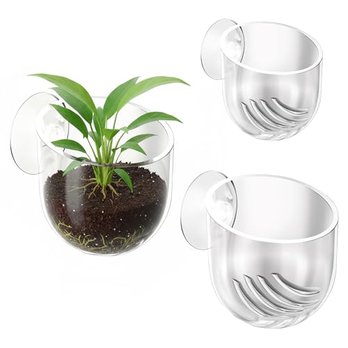 3 Pcs Fish Tank Plant Holder, 2 Size ABS Suction Cup Aquarium Plant Holder Transparent Fish Tank Plants Pots Aquatic Plants Cup for Aquascape Decoration