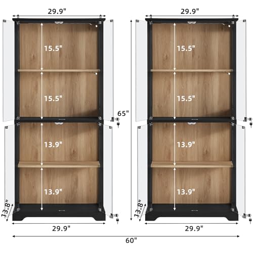 LELELINKY Farmhouse Glass Display Cabinet Set of 2 with Doors, Wooden Curio Cabinet for Collectibles with 3-Color LED Motion-Sensor Light & Reinforced Base, Black - color: Black, size: Set of 2