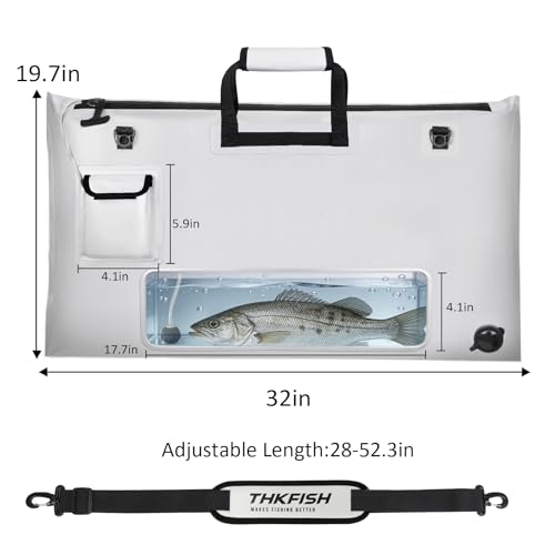 THKFISH Fish Tournament Weigh in Bag for Bass Fishing, Heavy Duty Insulated Live Fish Bag for Caught Fish with Waterproof Zipper and Mesh Liner, Leakproof,Puncture Resistant(White-32×19.7in) - color: White-32×19.7in