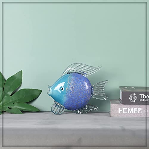 Blue Glass Fish Art Decoration Hand Blown Glass Fish Figurine, Art Paperweight Collection, Modern Office Luxury Decorations(WA-7)