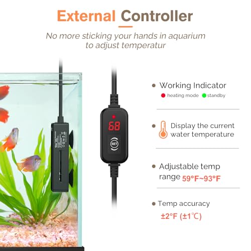 hygger Mini Fish Tank Submersible Heater 50W for 5-10 Gallons Small Betta Aquarium Heater with Digital Display Controller Adjustable Temperature - size: 50 Watt