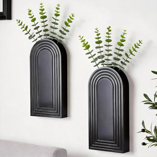 2 Pcs Wooden Wall Vase Set for Decor with 10pcs Artificial Eucalyptus Plants-Boho Hanging Planter Modern Farmhouse Wall Decor Black Wall Art for Bathroom Living Room Dining Room Bedroom Kitchen - color: Modern