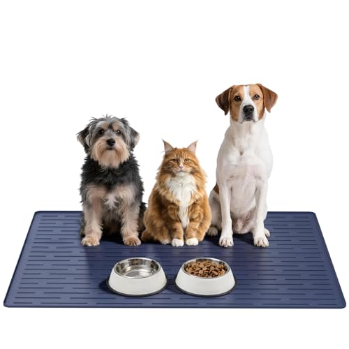 Large Dog Mats for Food and Water, 40"x30" Waterproof Pet Food Mats for Floor Nonslip Silicone Bowl Mats with Raised Edges - color: Blue, size: 40"L x 30"W
