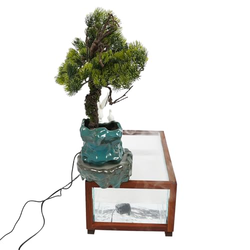 Tabletop Fountain Elegant Indoor Crane Water Fountain w/Fish Tank & Atomizer, Desktop Decoration with LED, Fake Plants Feng Shui Decor for Office Home