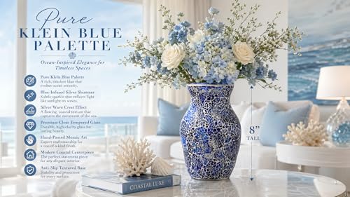 8" Deep Blue Mosaic Vase, Klein Blue Glass Flower Vase with Silver Wave Crest Design, Hand-Pasted Ocean Art Centerpiece for Modern Home, Living Room & Office - color: Klein Blue