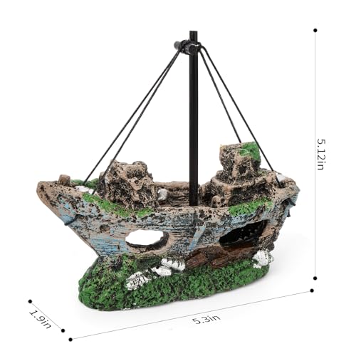 Aquarium Shipwreck Decoration Set Resin Fish Tank Ornaments Accessories for Undersea Aquarium Landscape Decor, Wreck Ship Ornament x 1pc, Aquatic Plants x 2 pcs